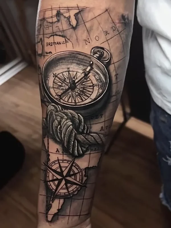 Tatuaje de brújula y mapa (estilo superrealista) en el antebrazo